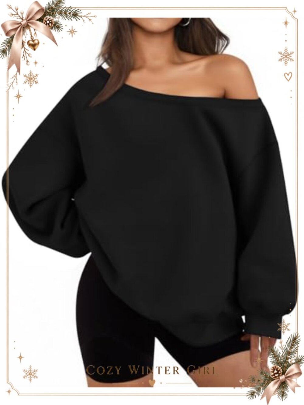 Womens Off Shoulder Oversized Sweatshirt Fleece Lined Long Sleeve Pullover
